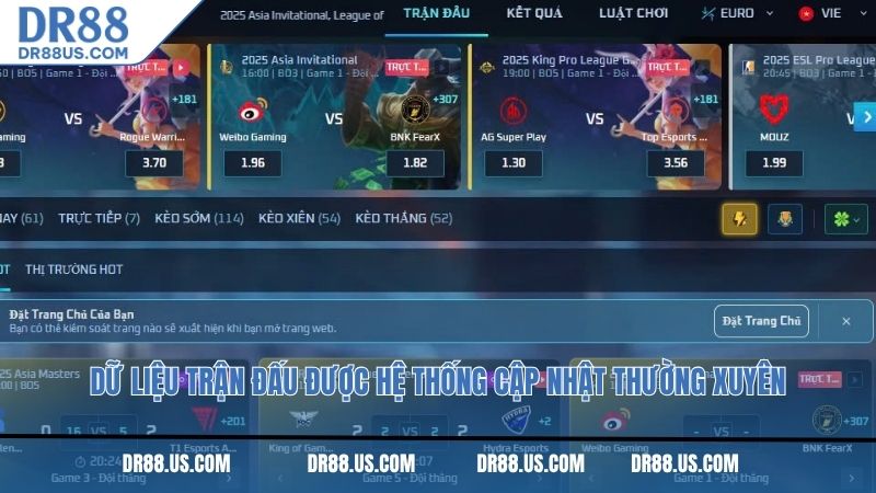 Dữ liệu trận đấu được hệ thống cập nhật thường xuyên