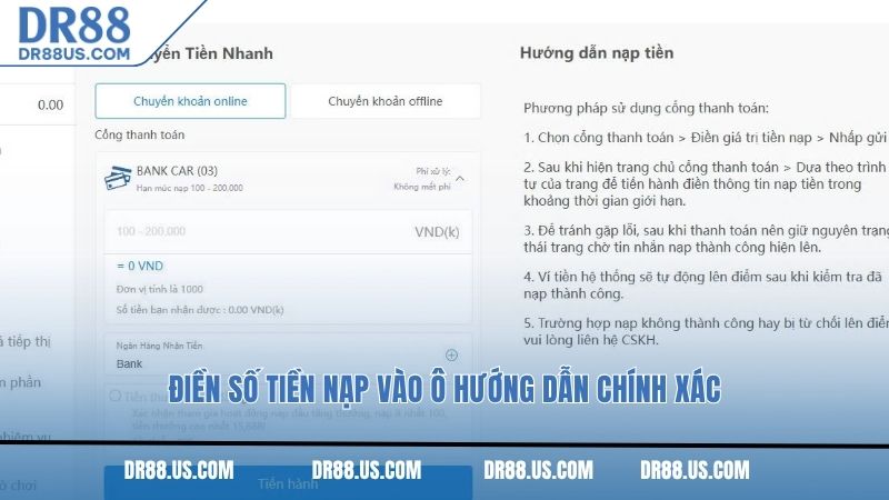 Điền số tiền nạp vào ô hướng dẫn chính xác