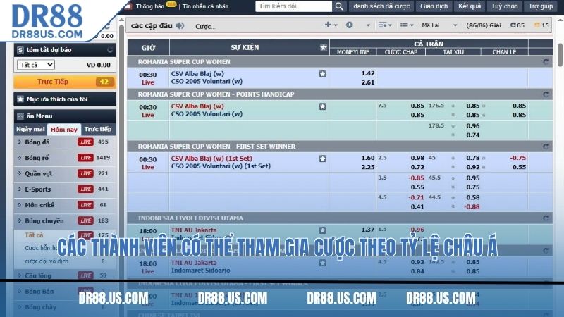 Các thành viên có thể tham gia cược theo tỷ lệ Châu Á